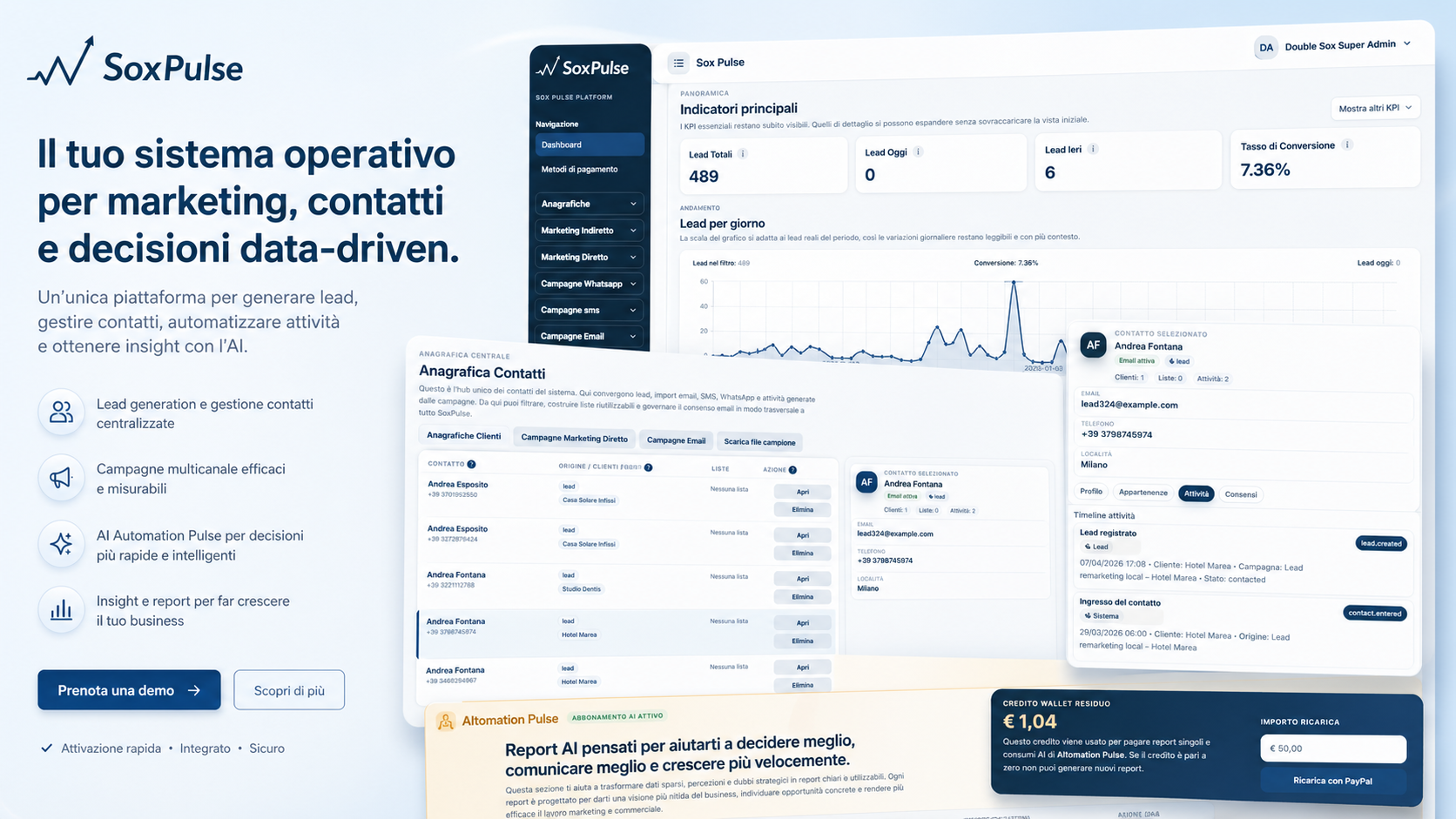 Interfaccia SoxPulse con dashboard, contatti e AItomation Pulse
